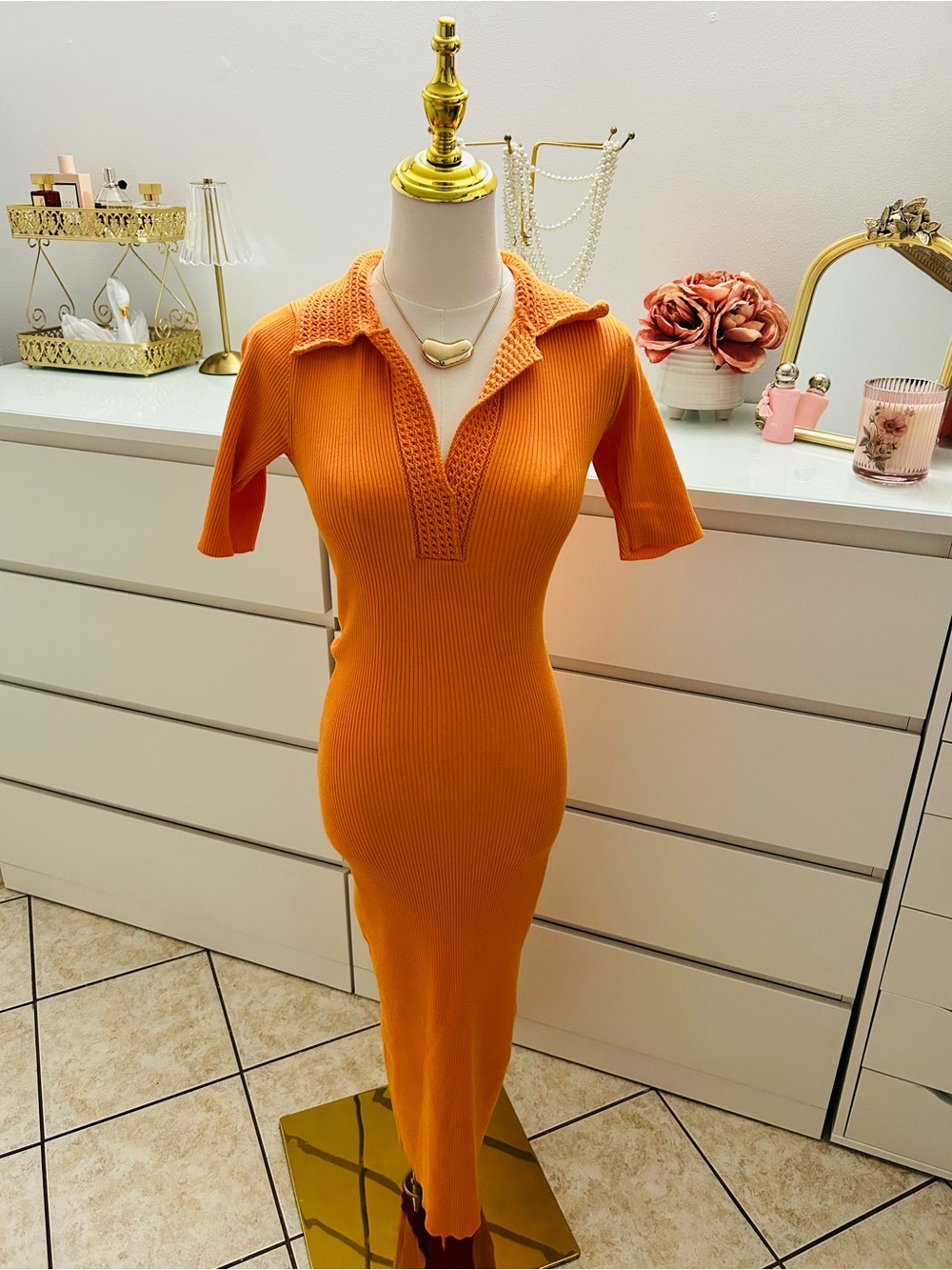 Caroline Constas Orange Ribbed Collared Maxi Dress